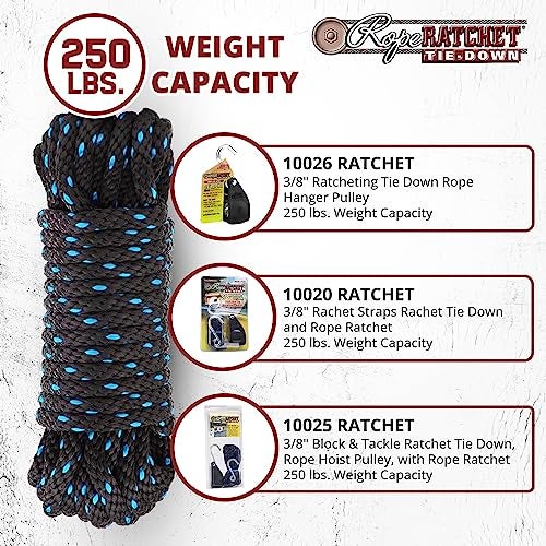 Rope Ratchet 3/8" 50 ft Braided Polypropylene Utility Cord, Weather Resistant Indoor Outdoor for Gardening, DIY Projects, Securing Loads, Binding, Knot Tying, Tarp Use, 250 lb Capacity - Black/Blue - Image 4