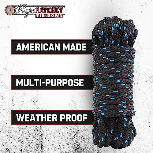 Rope Ratchet 3/8" 50 ft Braided Polypropylene Utility Cord, Weather Resistant Indoor Outdoor for Gardening, DIY Projects, Securing Loads, Binding, Knot Tying, Tarp Use, 250 lb Capacity - Black/Blue - Image 3