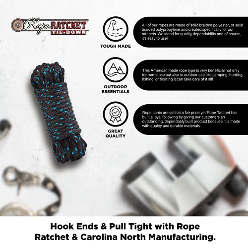 Rope Ratchet 3/8" 50 ft Braided Polypropylene Utility Cord, Weather Resistant Indoor Outdoor for Gardening, DIY Projects, Securing Loads, Binding, Knot Tying, Tarp Use, 250 lb Capacity - Black/Blue - Image 2