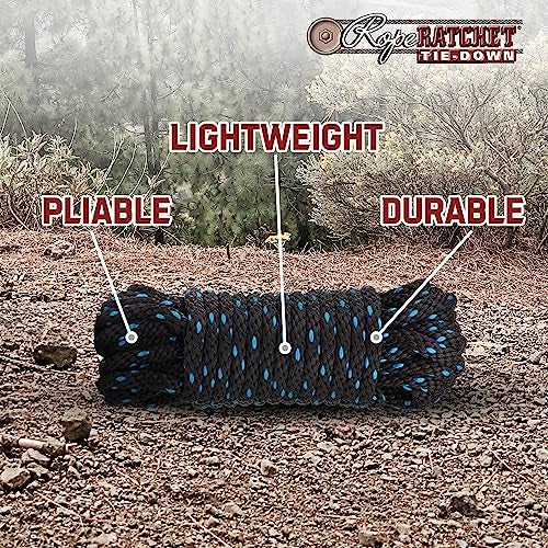 Rope Ratchet 3/8" 50 ft Braided Polypropylene Utility Cord, Weather Resistant Indoor Outdoor for Gardening, DIY Projects, Securing Loads, Binding, Knot Tying, Tarp Use, 250 lb Capacity - Black/Blue - Image 5