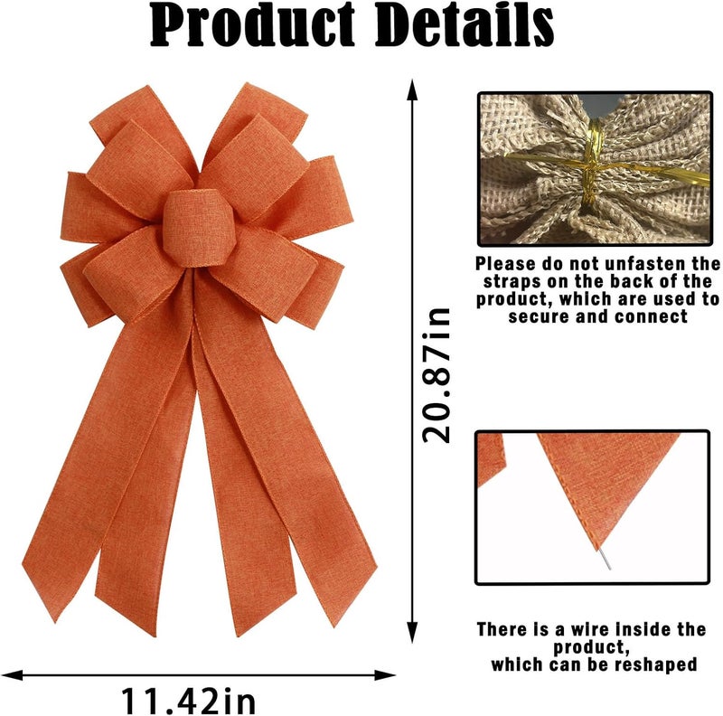 chmacura Orange Red Burlap Wreath Bow 20 x 11 Inches Easter Bows Baby Shower Farmhouse Ribbon Bow Tree Ornament for Home Front Door Decorations - Image 2