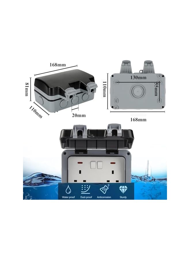 promass Double Outdoor Waterproof Socket, IP66 13A 2 Gang Switched Wall Electrical Power Outlet with Cover, Weatherproof Wall Plug Socket Box for Outdoor Use (Double Socket) - Image 2