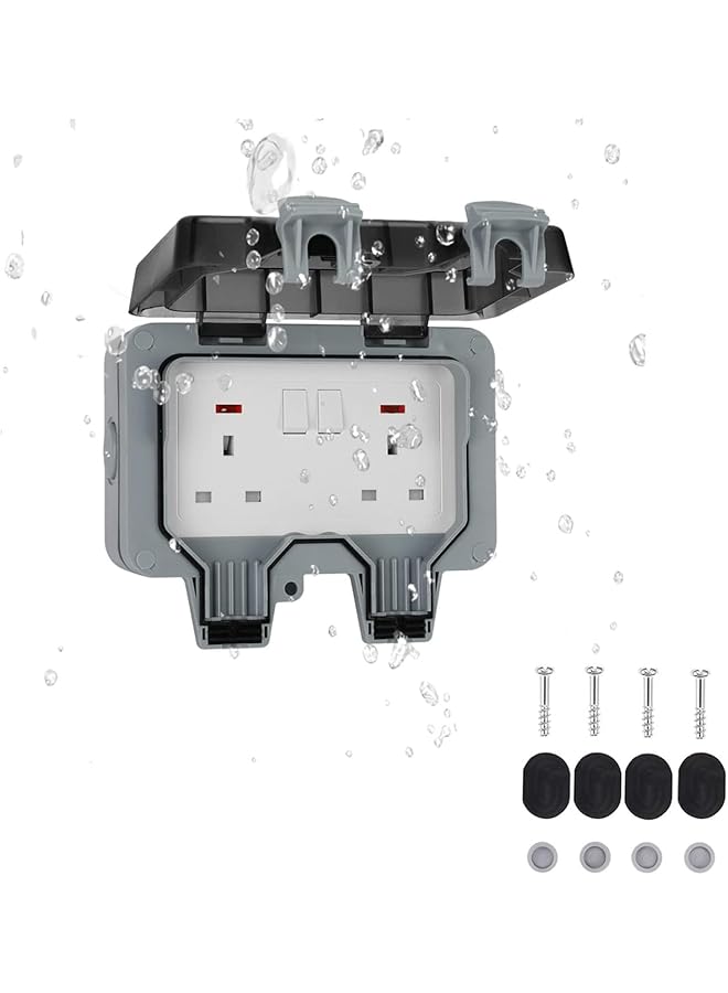 promass Double Outdoor Waterproof Socket, IP66 13A 2 Gang Switched Wall Electrical Power Outlet with Cover, Weatherproof Wall Plug Socket Box for Outdoor Use (Double Socket) - Image 1