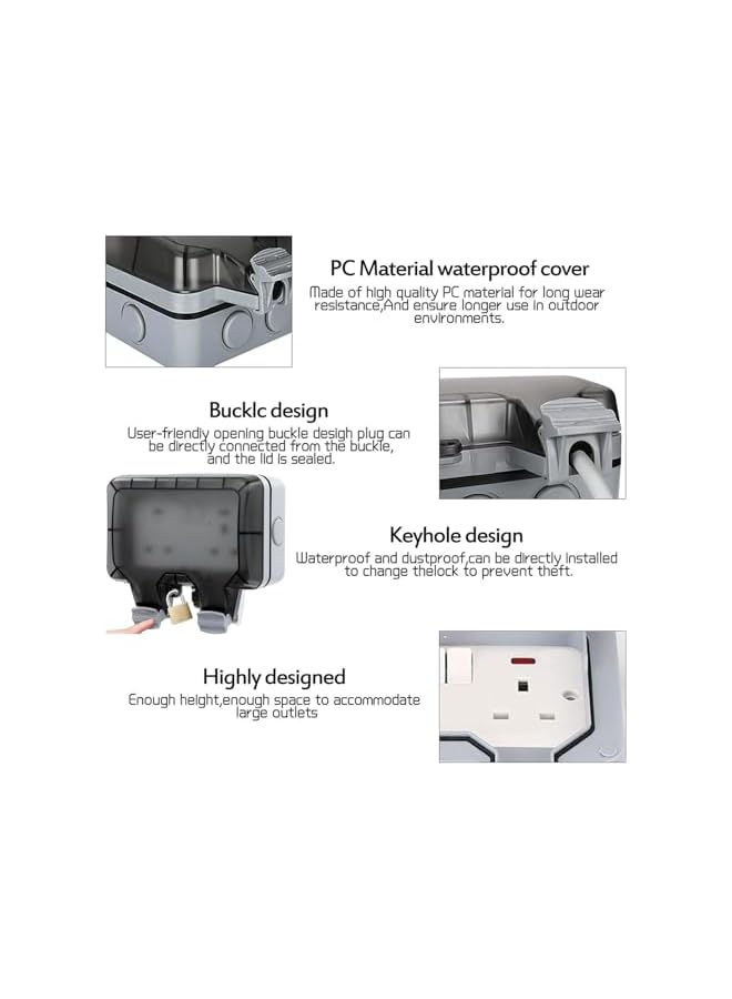 promass Double Outdoor Waterproof Socket, IP66 13A 2 Gang Switched Wall Electrical Power Outlet with Cover, Weatherproof Wall Plug Socket Box for Outdoor Use (Double Socket) - Image 3