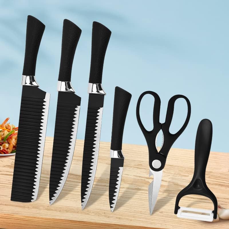 ZUMIE ZUMIE 6 Pieces Professional Kitchen Knife Set Meat Knife Stainless Steel Black Color Coated Chef Knife Kitchen Accessories Slice Knife Fine Slicer Paring Knife Vegetable Peeler Scissors  - Image 4