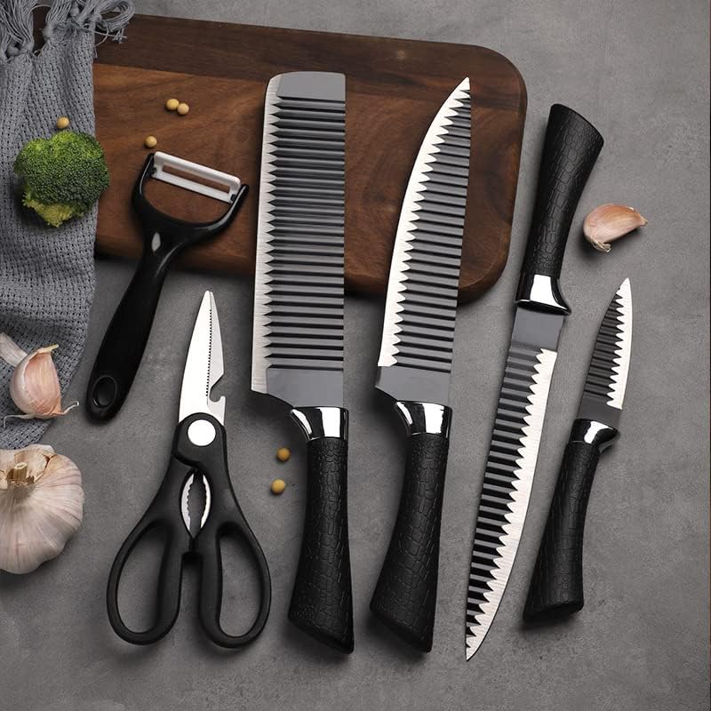 ZUMIE ZUMIE 6 Pieces Professional Kitchen Knife Set Meat Knife Stainless Steel Black Color Coated Chef Knife Kitchen Accessories Slice Knife Fine Slicer Paring Knife Vegetable Peeler Scissors  - Image 5
