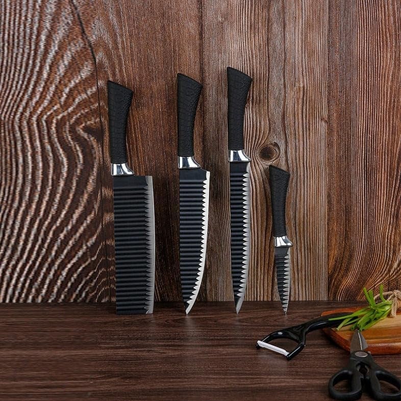 ZUMIE ZUMIE 6 Pieces Professional Kitchen Knife Set Meat Knife Stainless Steel Black Color Coated Chef Knife Kitchen Accessories Slice Knife Fine Slicer Paring Knife Vegetable Peeler Scissors  - Image 2