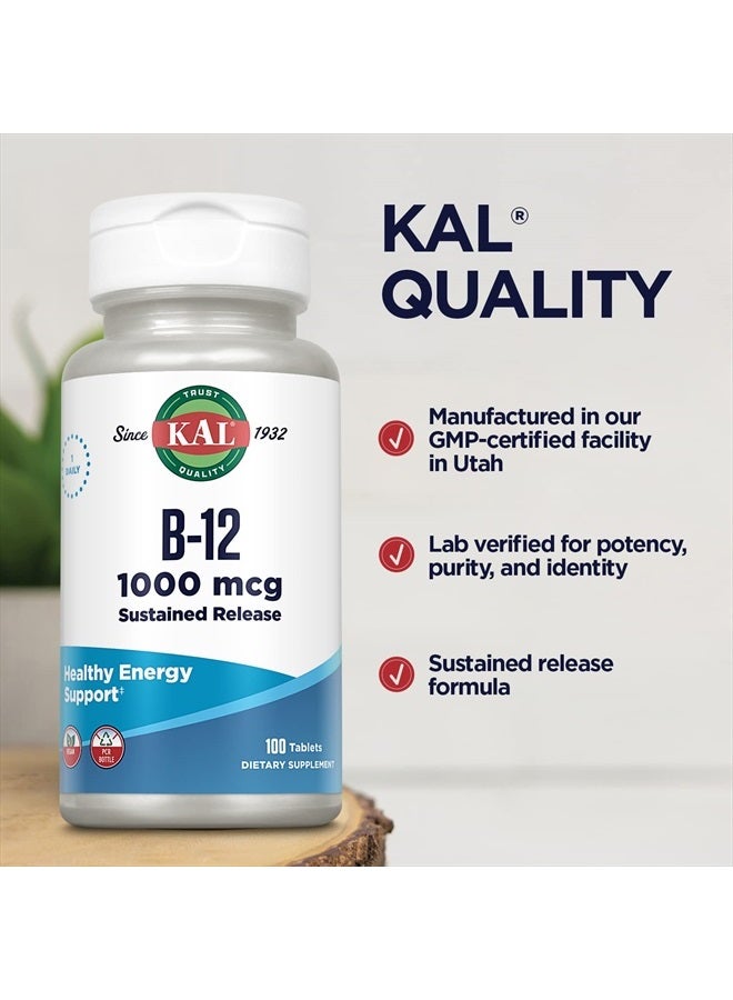 KAL Vitamin B12 1000mcg, Sustained Release Supplement for Healthy Energy, Metabolism, Heart Health, Nerve and Red Blood Cell Support, Long-Lasting Formula, Vegan, 100 Servings, 100 Tablets - Image 4