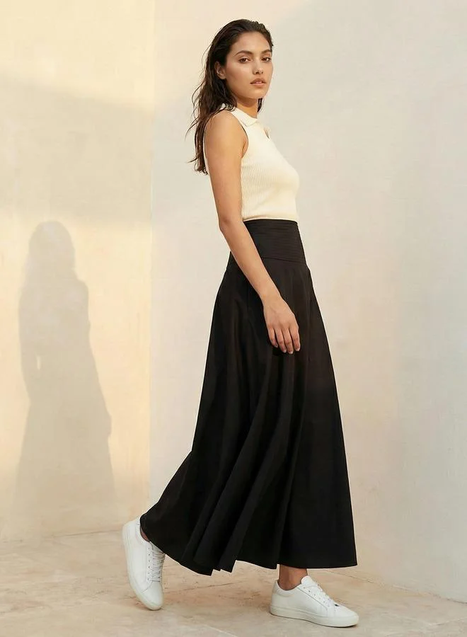 Iconic Iconic Maxi Length Cotton A-line Skirt with Panelled Waistband