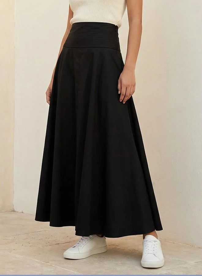 Iconic Iconic Maxi Length Cotton A-line Skirt with Panelled Waistband