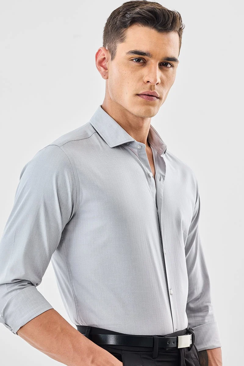 SNITCH Grey Textured Long Sleeve Slim Fit Formal Luxe Shirt