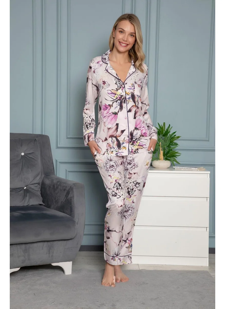 Monamise Women's Floral Patterned Shirt Collar Buttoned Front Pajama Set