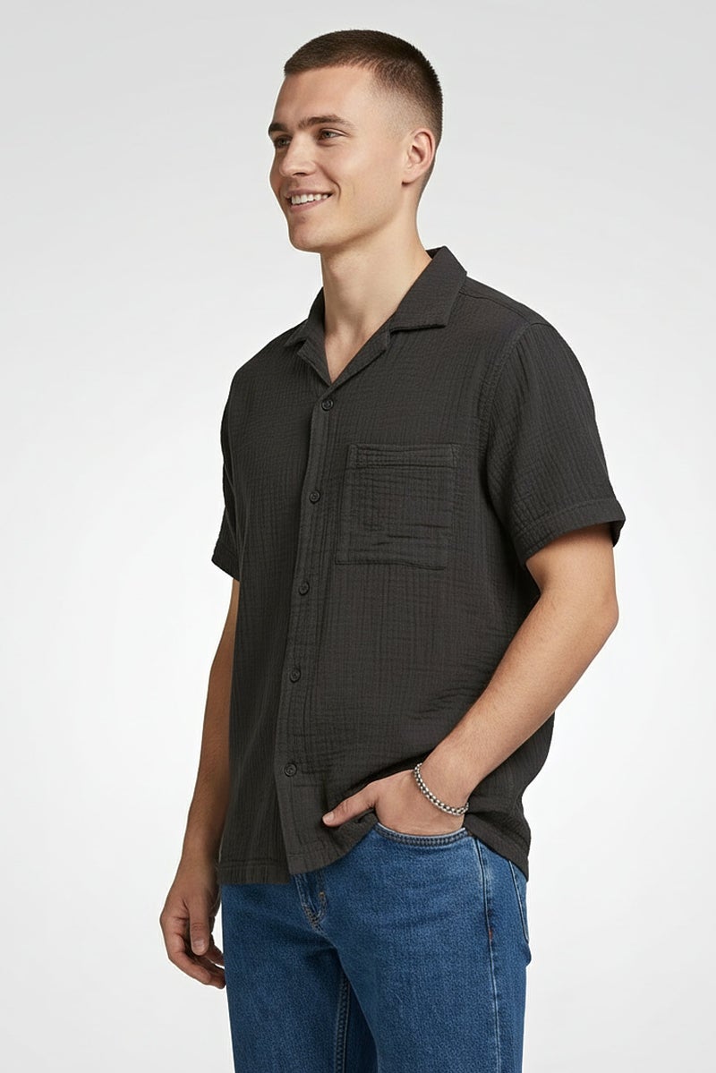 Celio Men Regular Fit Solid Short Sleeve Casual Shirt, Black - Image 5