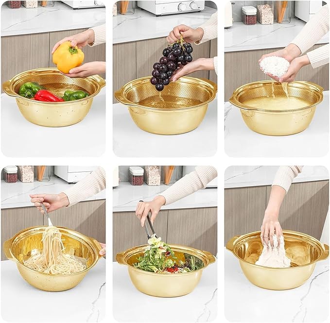 SAMUSAGYA 2 pcs Stainless Steel Microporous Colander, Rice Washers Microporous Strainer Set for Washing Vegetables, Fruits and Rice, and draining Cooked Pasta(23CM)(Golden) - Image 3