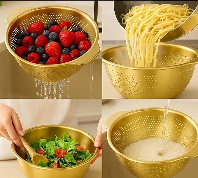 SAMUSAGYA 2 pcs Stainless Steel Microporous Colander, Rice Washers Microporous Strainer Set for Washing Vegetables, Fruits and Rice, and draining Cooked Pasta(23CM)(Golden) - Image 5