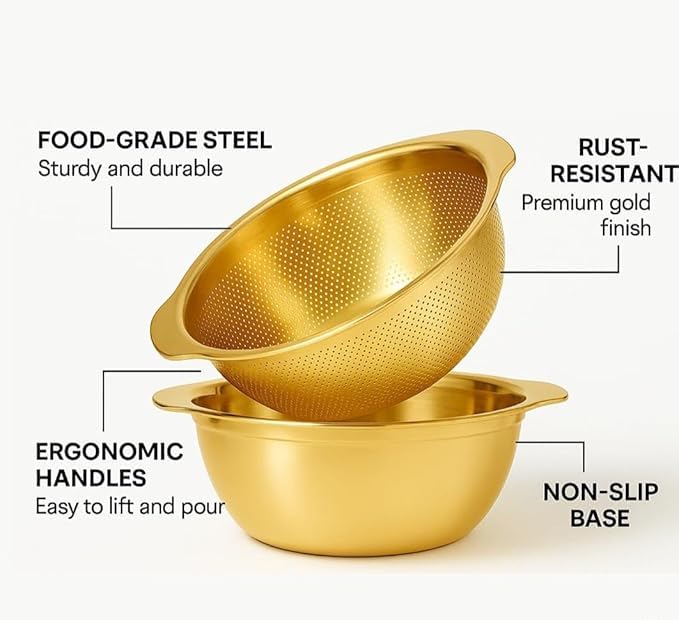 SAMUSAGYA 2 pcs Stainless Steel Microporous Colander, Rice Washers Microporous Strainer Set for Washing Vegetables, Fruits and Rice, and draining Cooked Pasta(23CM)(Golden) - Image 4