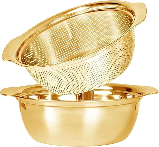 SAMUSAGYA 2 pcs Stainless Steel Microporous Colander, Rice Washers Microporous Strainer Set for Washing Vegetables, Fruits and Rice, and draining Cooked Pasta(23CM)(Golden) - Image 1