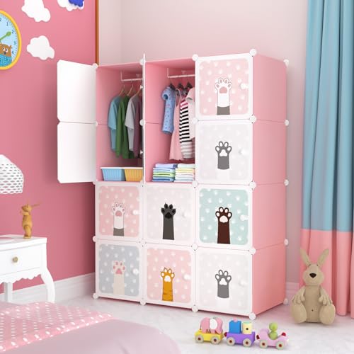 EXVITO 12 Door Kids Plastic Wardrobe for Clothes, Foldable Plastic Almirah for Clothes, Collapsible Wardrobe for Storage, Baby Cupboard for Clothes Storage - (CAT Pink, 12 Door) - Image 1