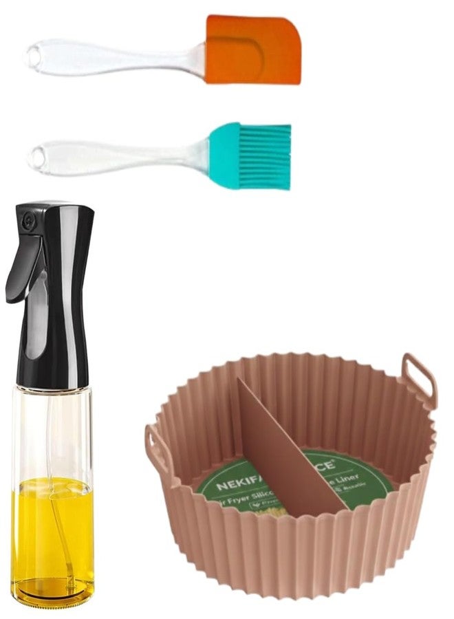 NEKIFACE 1 Pcs Round Reusable Non-Stick air Fryer Accessories Silicone Coating Pot Basket for Microwave Oven ,Round Silicone Basket Baking Tray with Middle Partition ,oil sprayer bottle and Oil brush And Spatula Set, 200 Millilitre, Multicolor - Image 1