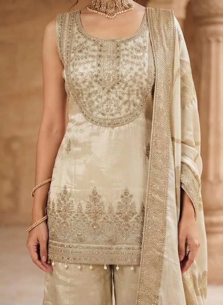 Viny VINY Ivory 3-Piece Embroidered Sharara Suit Set – Women's Indian Ethnic Wear