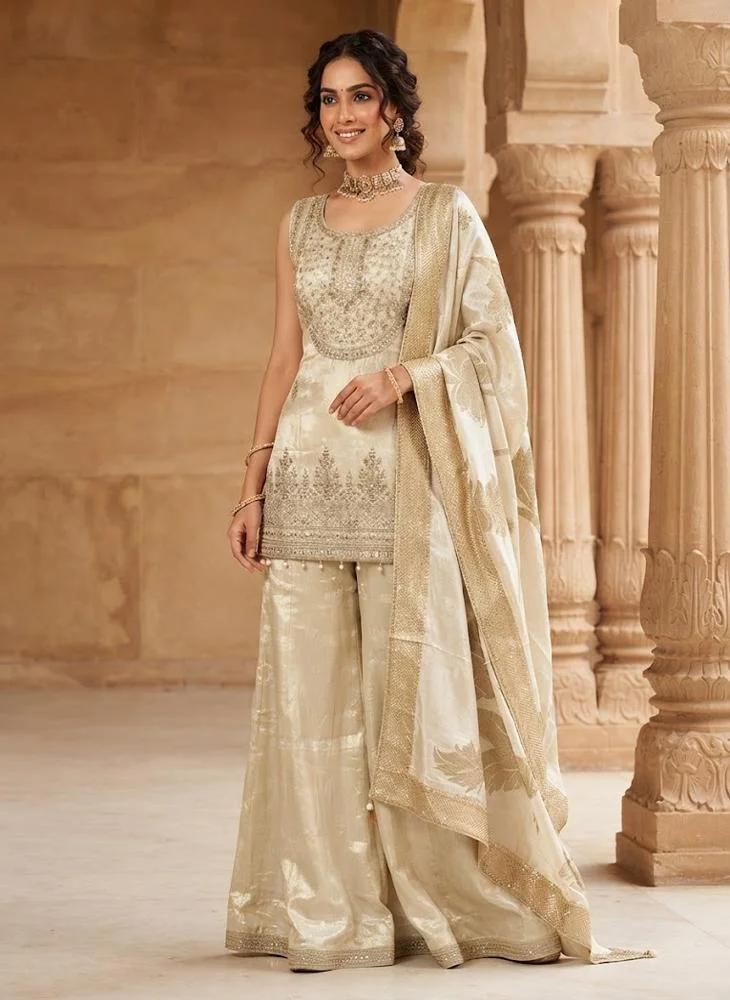 Viny VINY Ivory 3-Piece Embroidered Sharara Suit Set – Women's Indian Ethnic Wear
