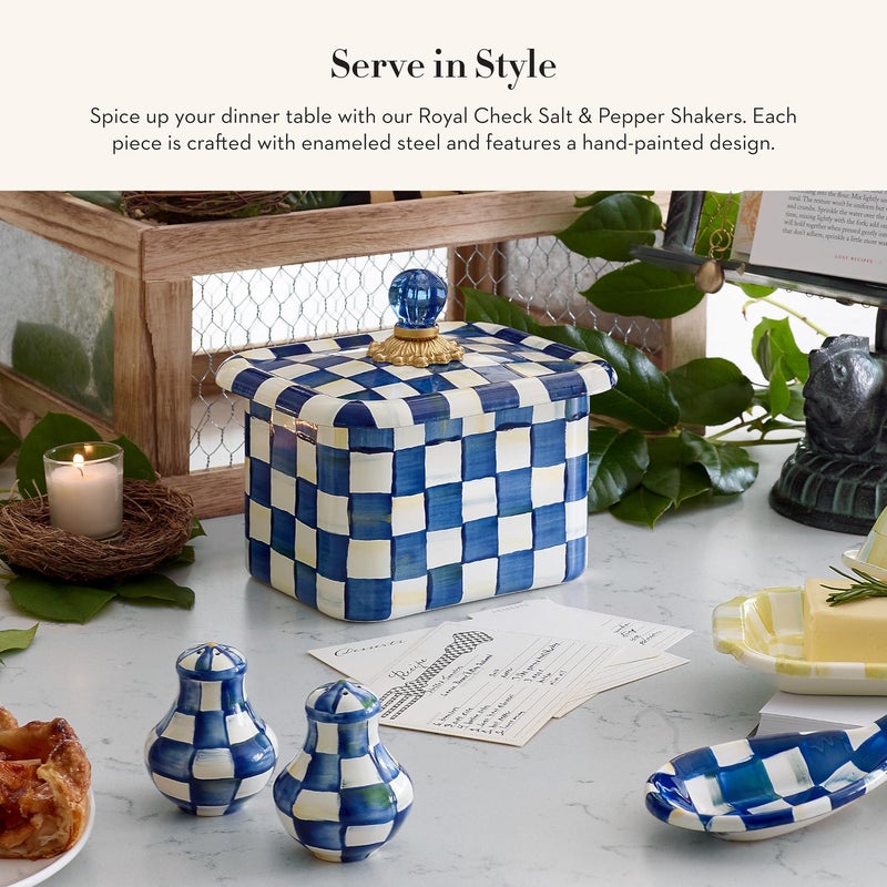 mackenzie childs MACKENZIE-CHILDS Enamel Salt and Pepper Shakers, Kitchen Table Spice Shaker Set, Blue-and-White Royal Check, Small - Image 2
