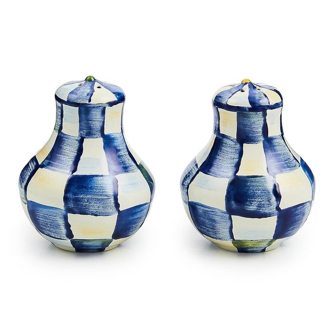 mackenzie childs MACKENZIE-CHILDS Enamel Salt and Pepper Shakers, Kitchen Table Spice Shaker Set, Blue-and-White Royal Check, Small - Image 1