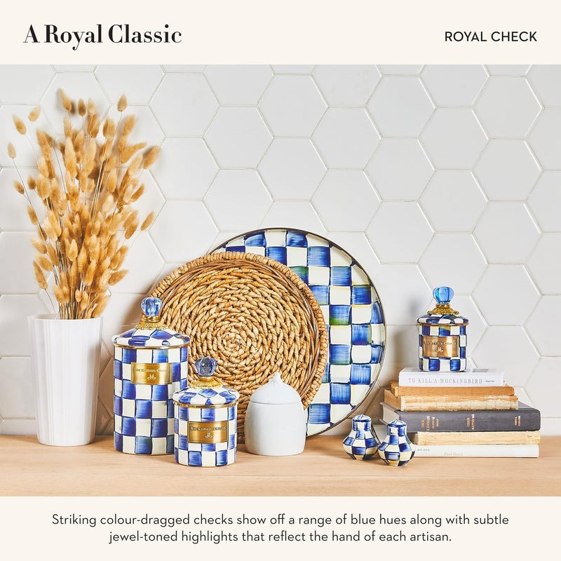 mackenzie childs MACKENZIE-CHILDS Enamel Salt and Pepper Shakers, Kitchen Table Spice Shaker Set, Blue-and-White Royal Check, Small - Image 5