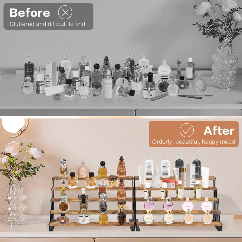 KALYLOC 5 Tier Wooden Display Riser Stand 13.8 Inch Metal Step Perfume Stand Organizer Tabletop Tiered Display Shelf Rack for Cologne Cupcake Spice Figures Cosmetics Candles (Brown, Y-Shape) - Image 5
