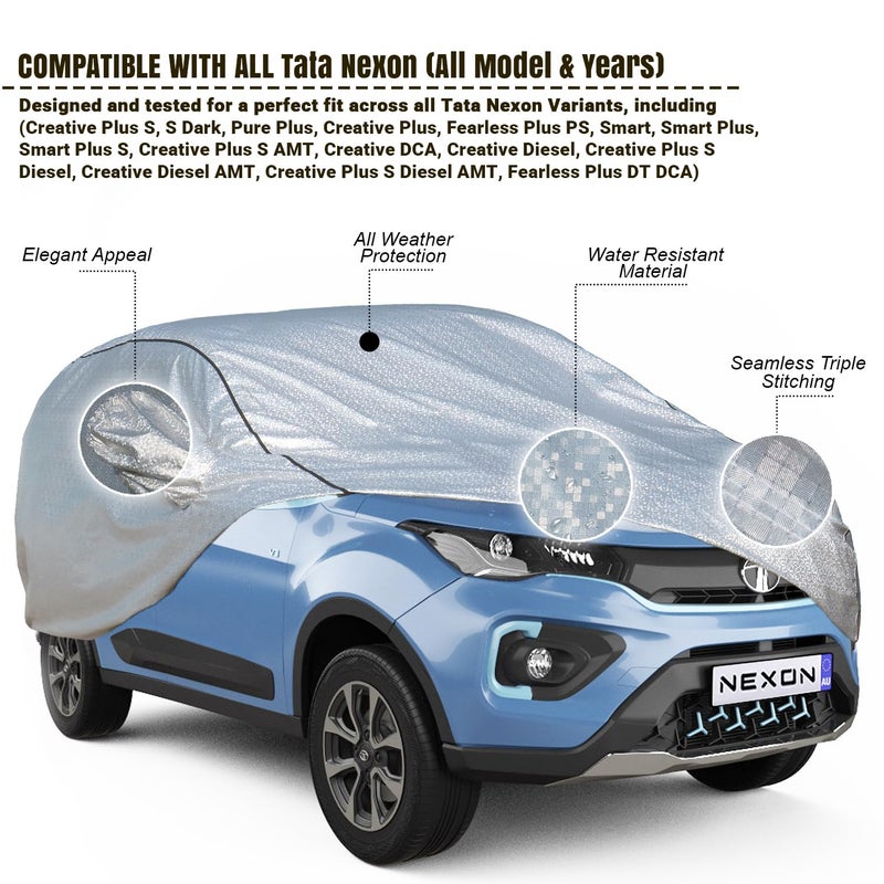 Pivalo Car Cover for Tata Nexon All Model & Years (2017-2025) 100% Waterproof with Mirror Pockets, Triple Stitched Bottom Elastic Dustproof Full Body Protection (Heat & UV Resistant, Silver) - Image 2