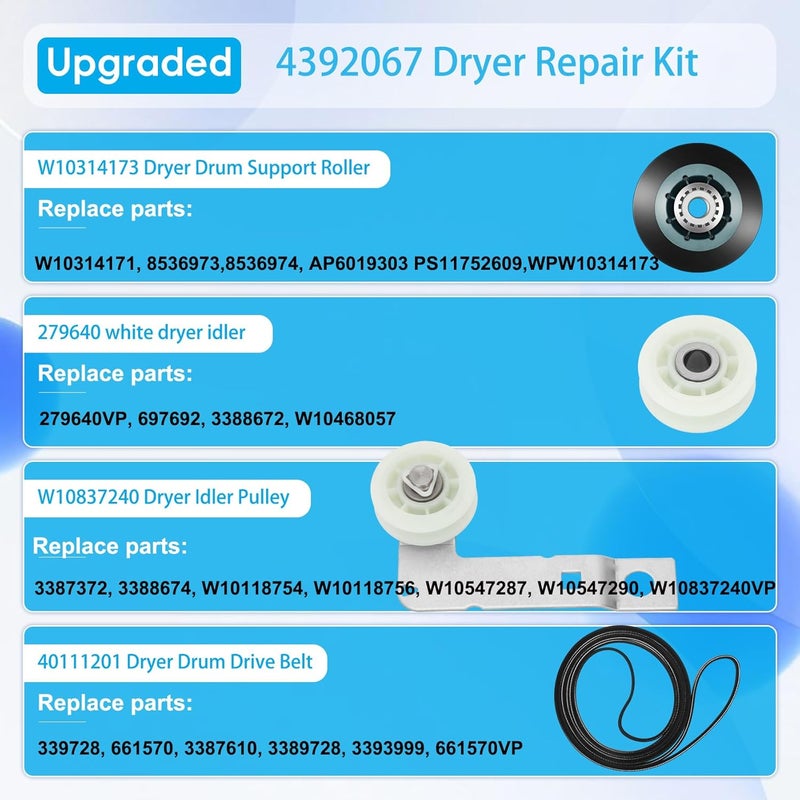 Aremae Upgraded 4392067RC Dryer Repair Kit, 4392067 Dryer Maintenance Kit with WPW10314173 Drum Roller & 661570V Belt & 279640 Idler Pulley&279640 dryer idler Suitable for maytag kenmore whirlpool Dryers - Image 5