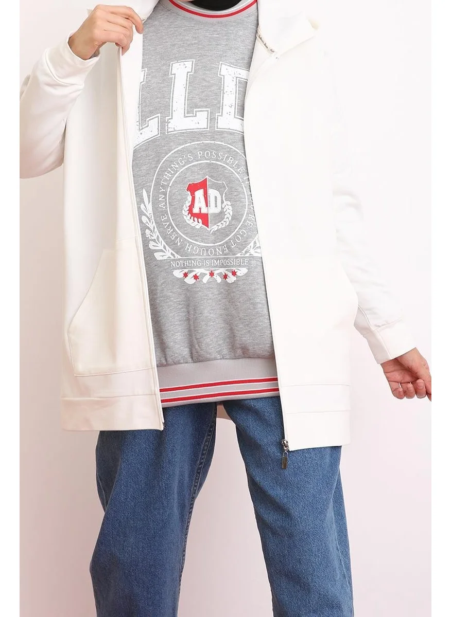 Allday Ecru-Zipped Sweat Cardigan