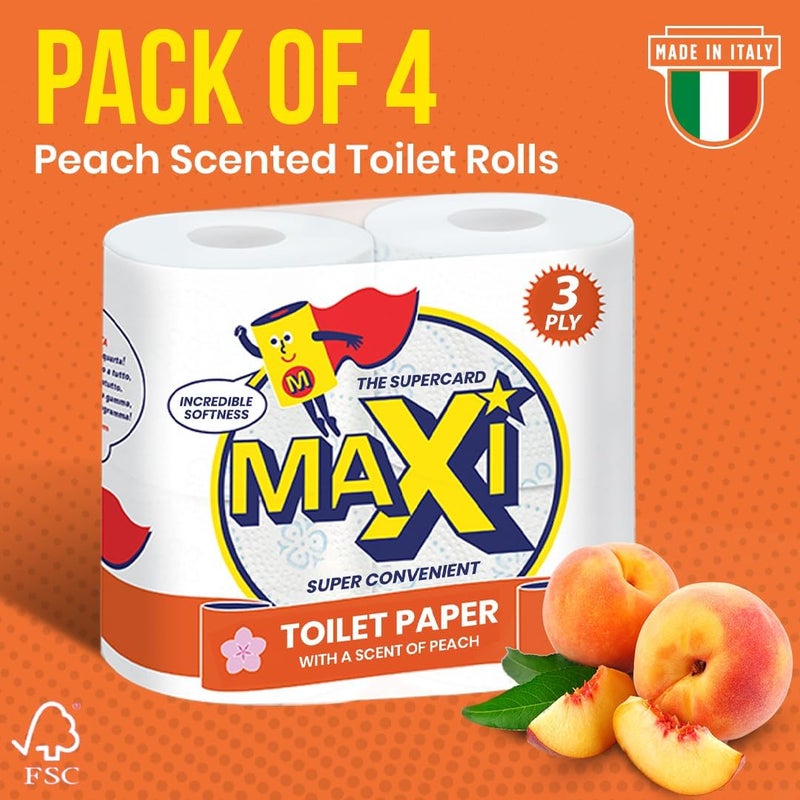 Maxi Supercarta Peach Scented 3 Ply Giant Toilet Roll 480 Sheets Pack of 4 Rolls – 120 Absorbent Sheets per Roll – Premium Softness with Flower and Butterfly Embossing – Feels Like Cotton, Super Dry - Image 2