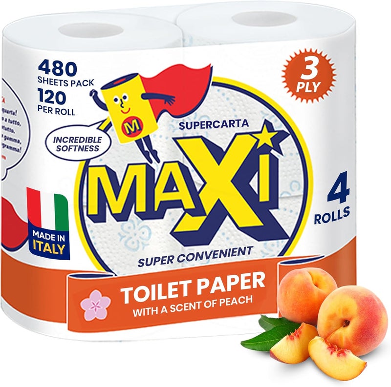 Maxi Supercarta Peach Scented 3 Ply Giant Toilet Roll 480 Sheets Pack of 4 Rolls – 120 Absorbent Sheets per Roll – Premium Softness with Flower and Butterfly Embossing – Feels Like Cotton, Super Dry - Image 1