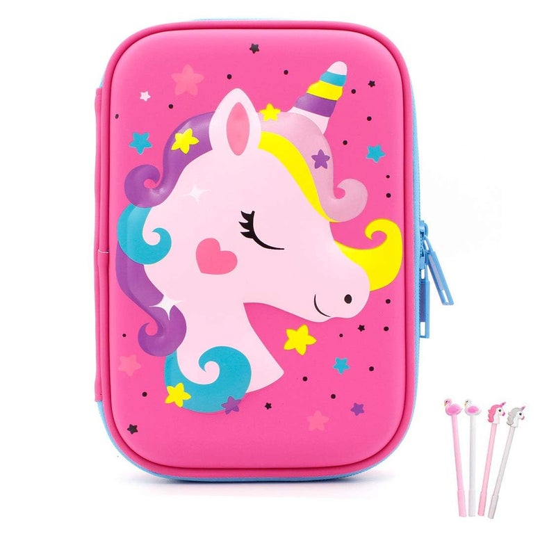 Pencil Case for Girls 3D Cute EVA Unicorn Pen Pouch Stationery Box AntiShock Large Capacity MultiCompartment for School with 4 unicorn pens