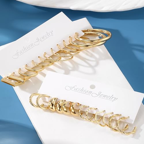 17IF 12 Pairs Gold Hoop Earring Set for Women Chunky Earring Big Small Smooth Surface Trendy Stud Lightweight Twisted Ear Pack - Image 3
