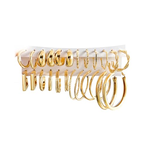 17IF 12 Pairs Gold Hoop Earring Set for Women Chunky Earring Big Small Smooth Surface Trendy Stud Lightweight Twisted Ear Pack - Image 1