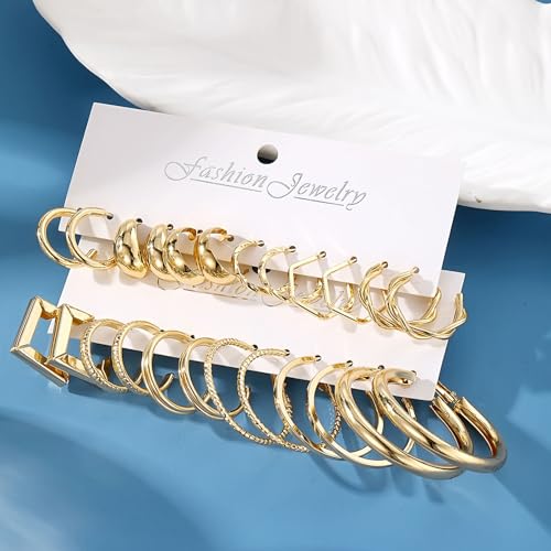 17IF 12 Pairs Gold Hoop Earring Set for Women Chunky Earring Big Small Smooth Surface Trendy Stud Lightweight Twisted Ear Pack - Image 4