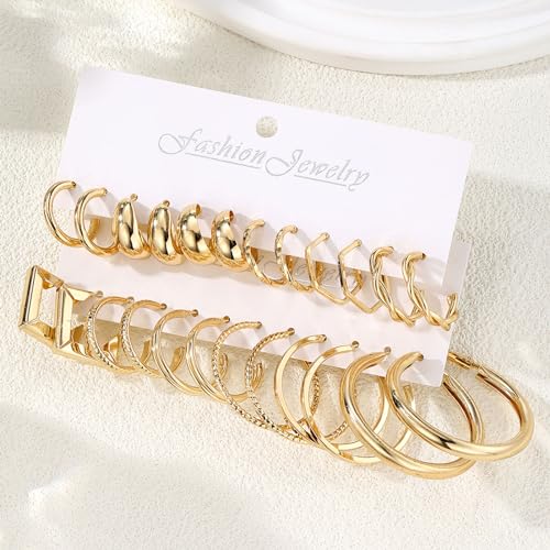 17IF 12 Pairs Gold Hoop Earring Set for Women Chunky Earring Big Small Smooth Surface Trendy Stud Lightweight Twisted Ear Pack - Image 2