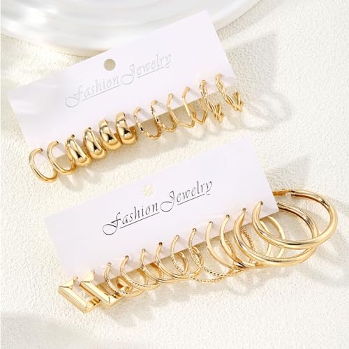 17IF 12 Pairs Gold Hoop Earring Set for Women Chunky Earring Big Small Smooth Surface Trendy Stud Lightweight Twisted Ear Pack - Image 5