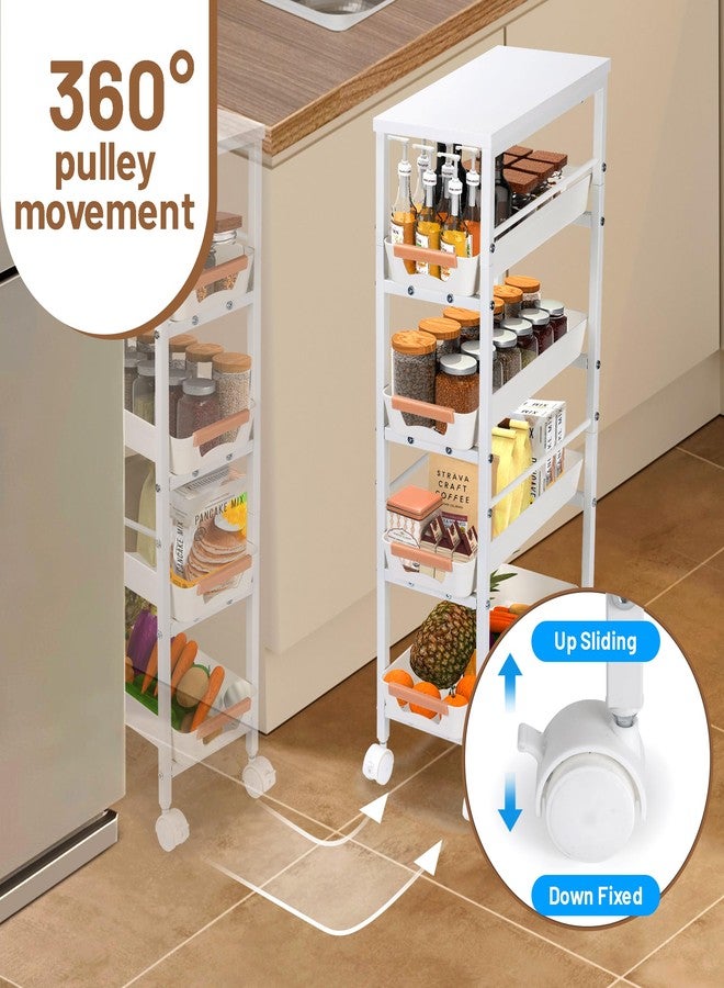 Outink Slim Storage Cart, 5-Tier Narrow Rolling Kitchen Laundry Room Cart with Drawer and Wheels, Metal Utility Cart Slide Out Organizer for Small Spaces (White) - Image 3