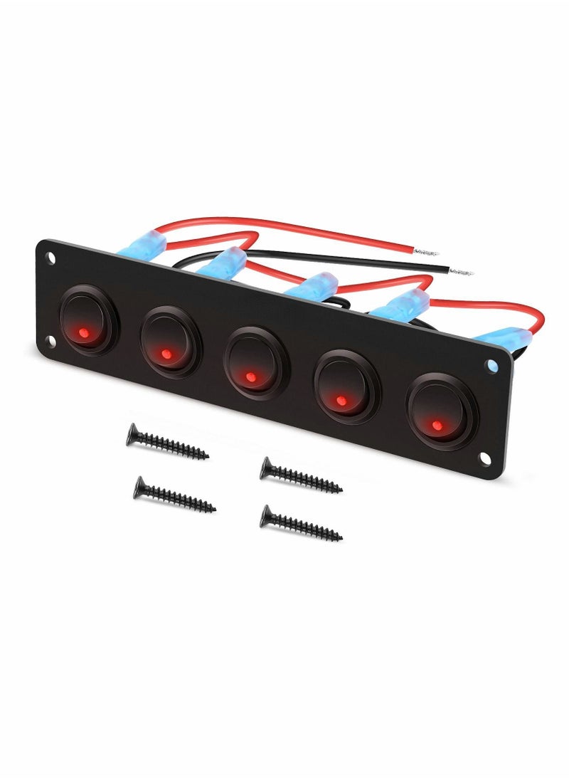 Y&D 5 Gang 3 Pin Rocker Switch Panel Waterproof On Off 12V Red Toggle for Cars Trucks Boats  - Image 1