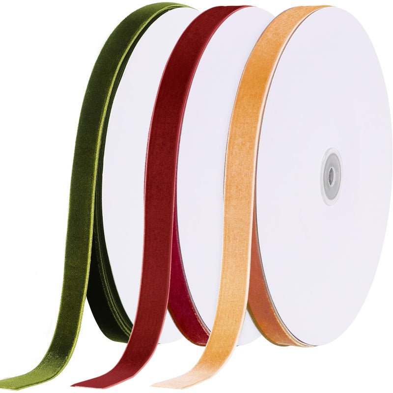 Yilloog 3 Rolls Christmas Velvet Ribbon Single Face Vintage Velvet Ribbon for Christmas Tree Wreaths Gift Wrapping Bows Decoration38 in X 30 YardBurgundy Olive Green Khaki