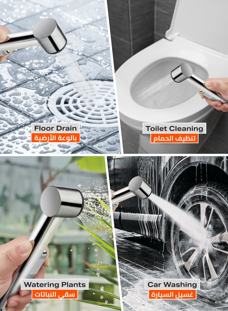 BMB tools UV Bidet Sprayer with Holder Set of 3 -Silver- Adjustable Pressure Handheld Bidet Spray with Wall Holder - Easy Installation for Bathroom Hygiene Personal Care Cleaning Washing and Watering  - Image 5