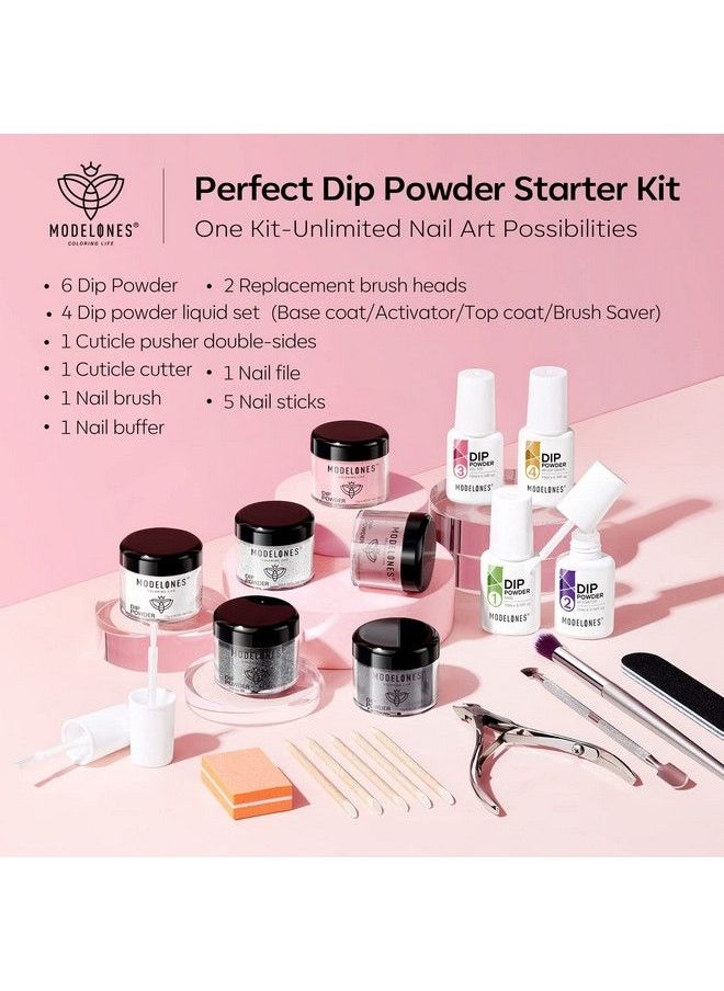modelones - 22 Pcs Dip Powder Nail Kit Starter 6 Colors Nude Clear Black Pink Dipping Powder Essential Liquid Set With Base Top Coat Activator French Manicure Set For Beginner Starter All In One Kit Diy At Home - Image 1