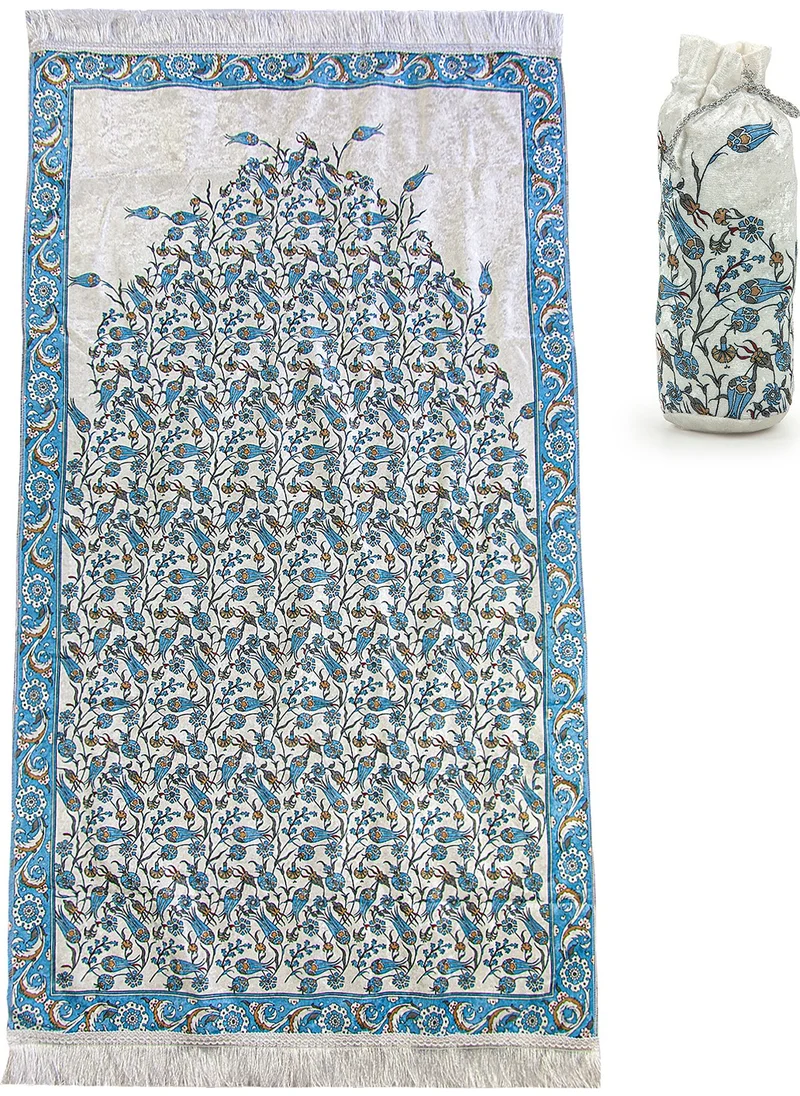 İhvan Online Ihvan Online Silk Textured Tulip Embroidered Prayer Rug with Carrying Bag - Blue