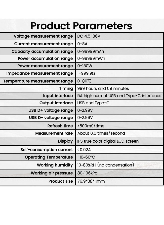 Generic USB C Tester, 2 in 1 Tester Color Screen IPS Digital Multimeter, Voltage, Cur, Pwr, Resistance, Elec, Temp, Capacity, Tme, Fast Charging, Dual Interface Supports Multiple Fast Charging Protocols  - Image 4