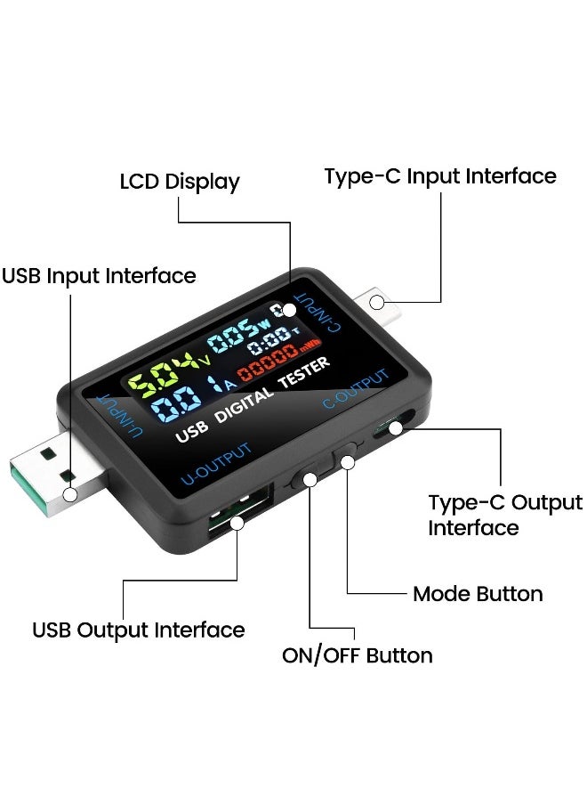 Generic USB C Tester, 2 in 1 Tester Color Screen IPS Digital Multimeter, Voltage, Cur, Pwr, Resistance, Elec, Temp, Capacity, Tme, Fast Charging, Dual Interface Supports Multiple Fast Charging Protocols  - Image 2