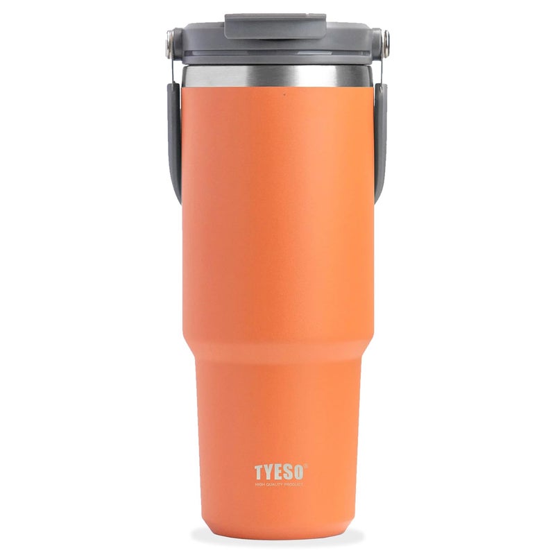 TYESO 30oz Tumbler with Handle and Straw Lid Insulated Stainless Steel Double Walled Vacuum Water Bottle for Office Home Sport or Car Travel Mug for Hot and Cold Adventure Collection Orange