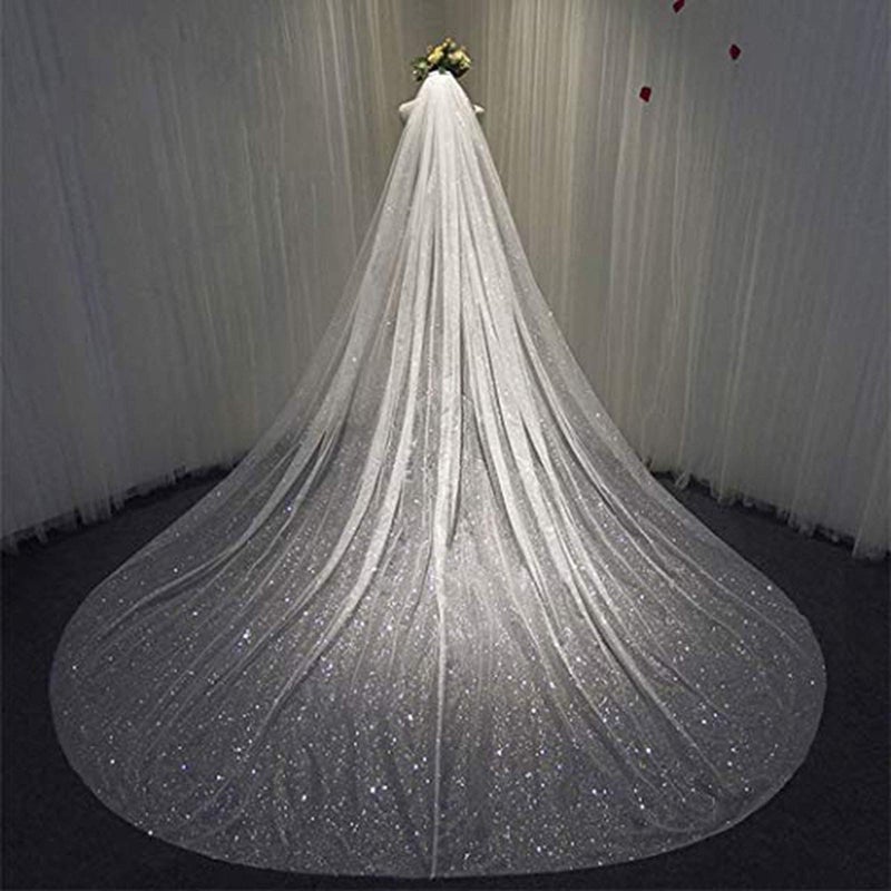 Aukmla Sparkle Cathedral Wedding Veil Long Glitter Bridal Veils with Comb for Women and Brides (White, 59'' Width) - Image 1